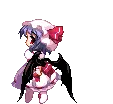 A blue haired vampired walking with her wings spread. She is Remilia Scarlet from Touhou Project